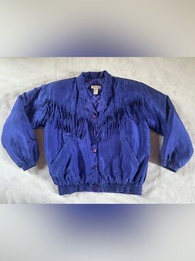 Bogari Silk Jacket Blue Fringe Western Cropped Bomber Quilted Vintage